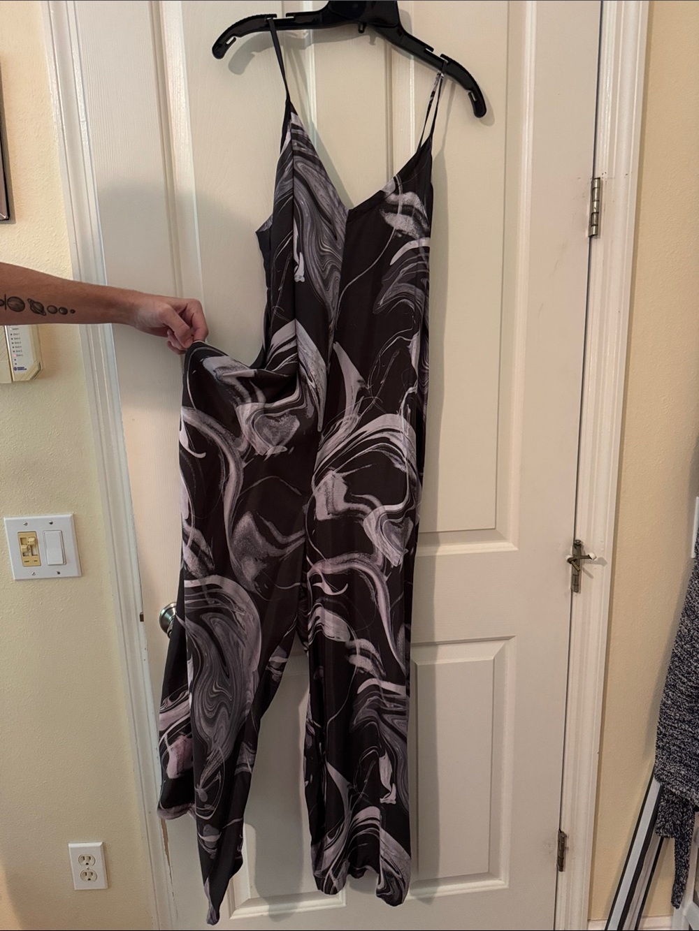 Athleta Marble-Print Spaghetti-Strap Wide-Leg Jumpsuit in Black and Gray